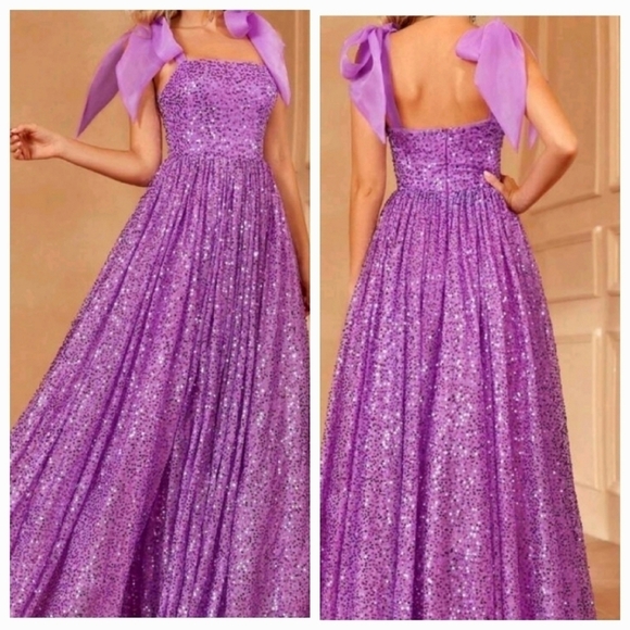 Purple Sequined, A Line, Pleated, Sleeveless, Gown - Picture 1 of 9